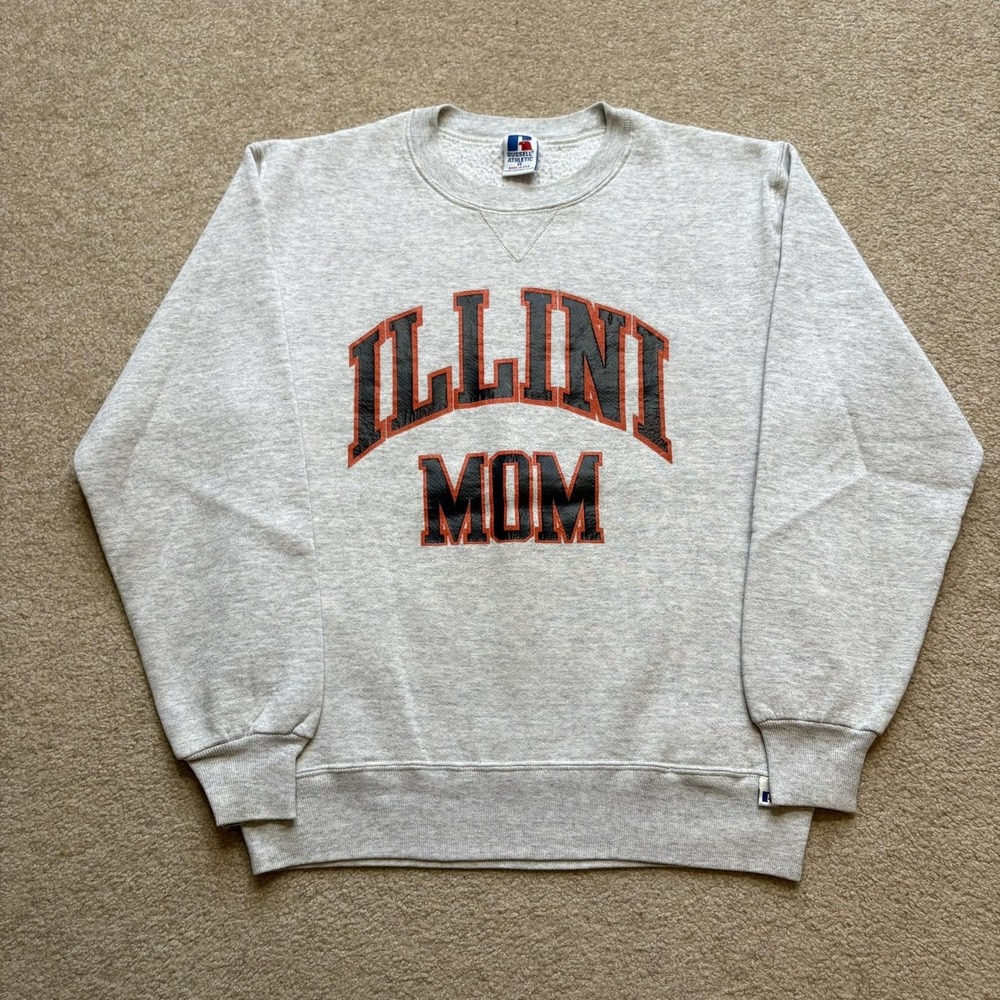 Vtg Illinois Fighting Illini Mom Sweatshirt Russell Womens Medium Gray NCAA 90s